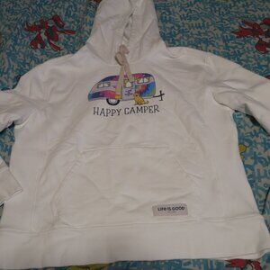 Life is Good Women's Tie Dye Happy Camper Simply True Fleece Hoodie Cloud White